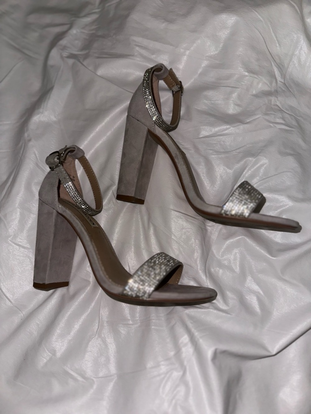Steve Madden Taupe Suede Block Heel Sandals with Rhinestone Straps